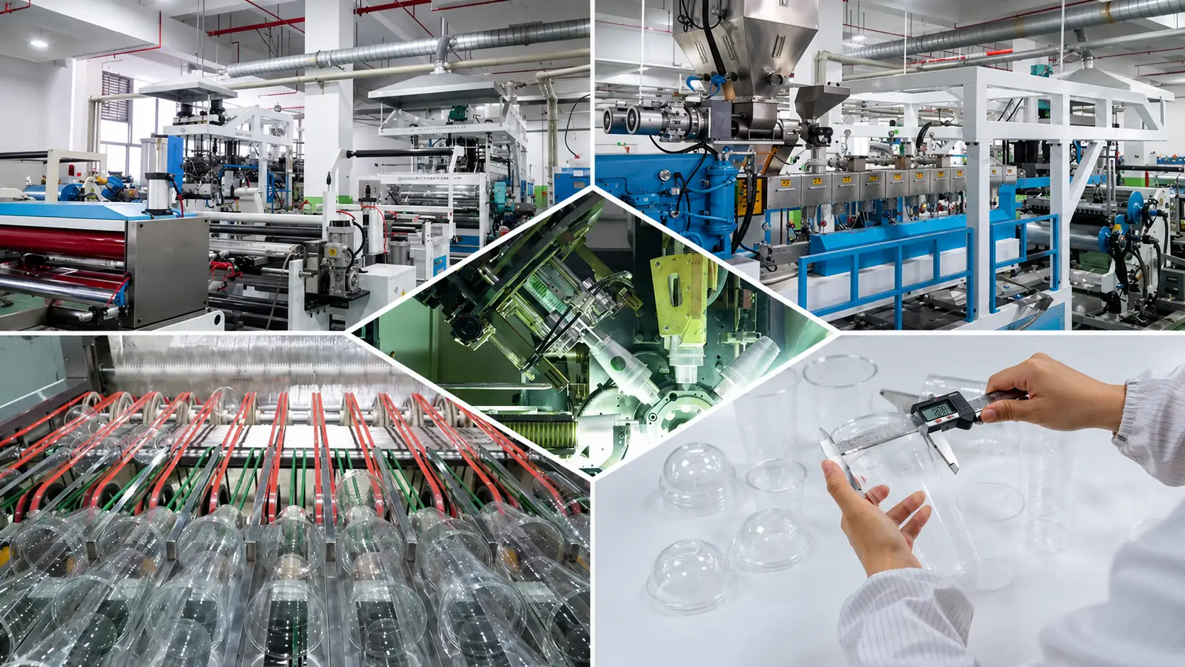 Bioleader Cups factory production system showing PLA and PET cup raw material processing, thermoforming, automatic packaging, and quality inspection
