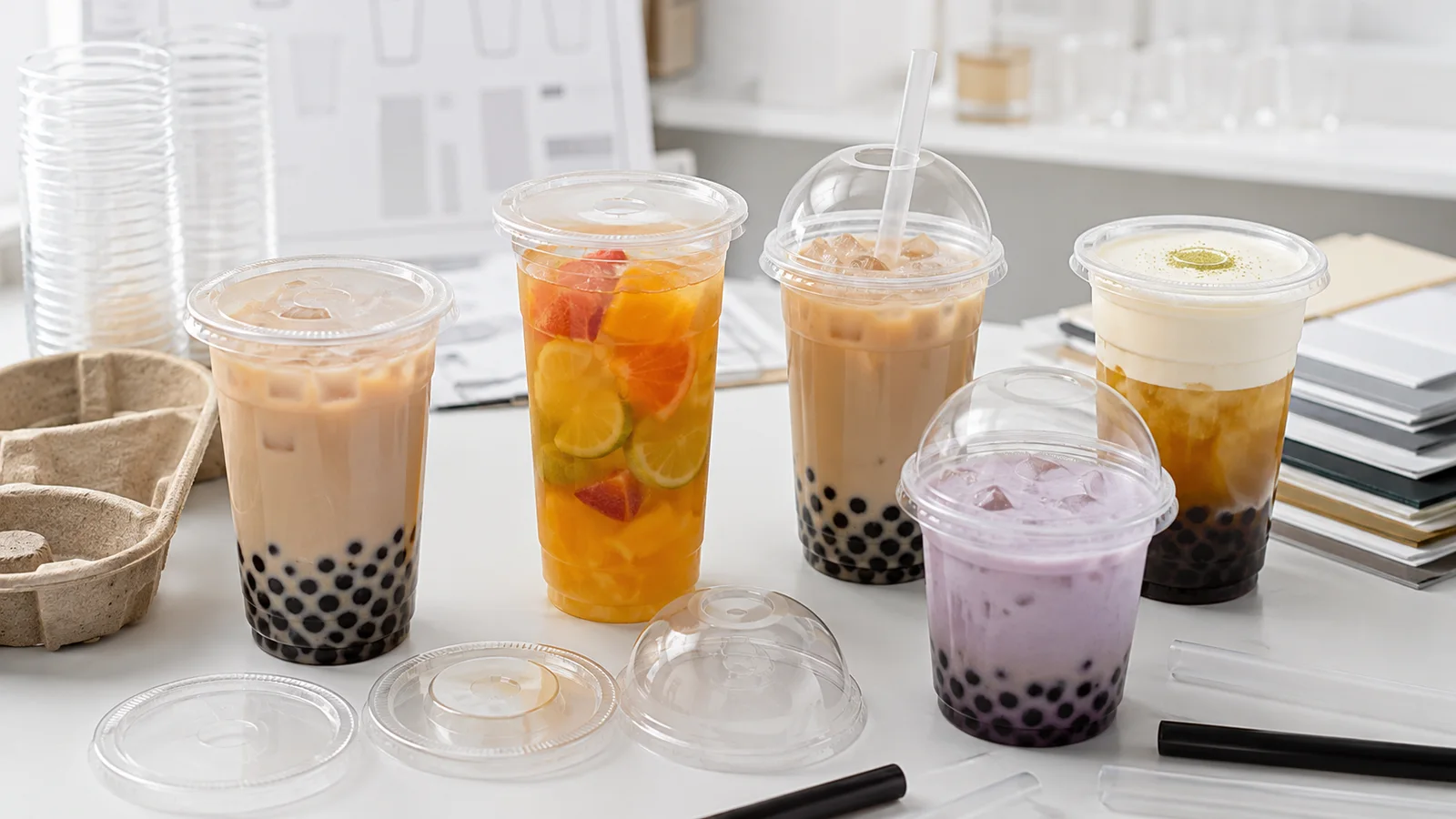 Bubble tea cup systems showing milk tea, fruit tea, toppings, flat and dome lids, and straw access for buyer comparison
