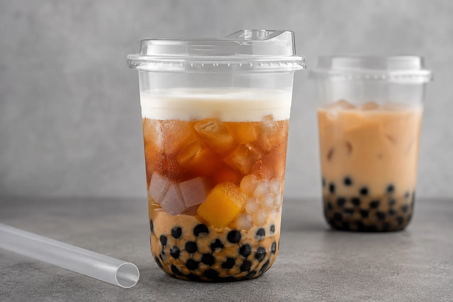 Bubble tea cup showing liquid, ice, pearls, toppings, foam and service headspace as separate volume requirements