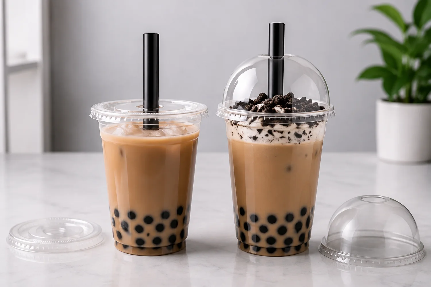 Bubble tea flat-lid and dome-lid cup systems compared with straw access and topping clearance