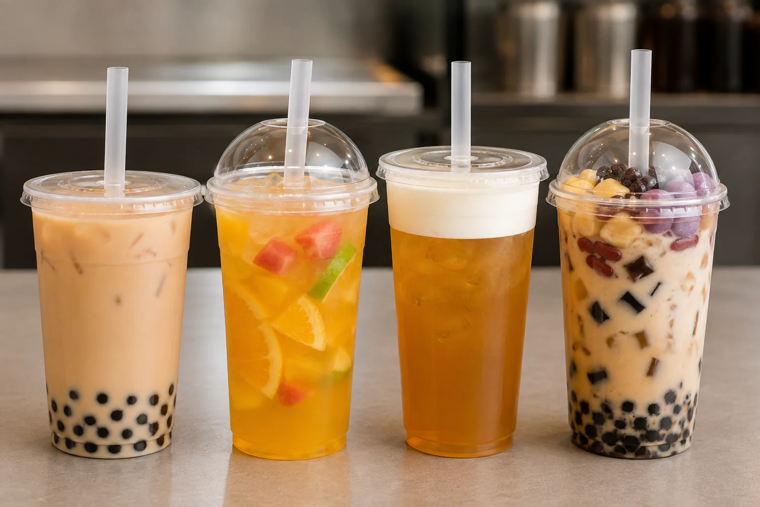 Four bubble tea application systems for classic boba milk tea, fruit tea, cheese foam and loaded toppings