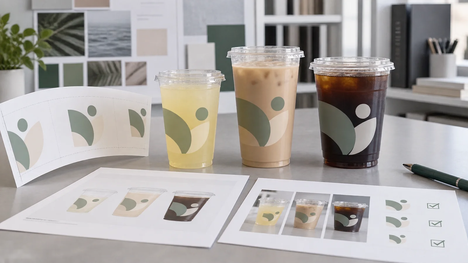 One beverage brand adapted to several clear cup sizes with cup-specific logo placement, different drink colors and printed-sample approval