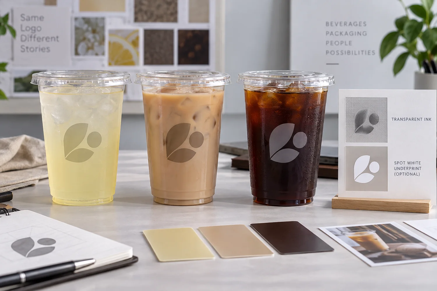 The same clear-cup logo reviewed over light medium and dark beverages with an optional spot-white contrast concept