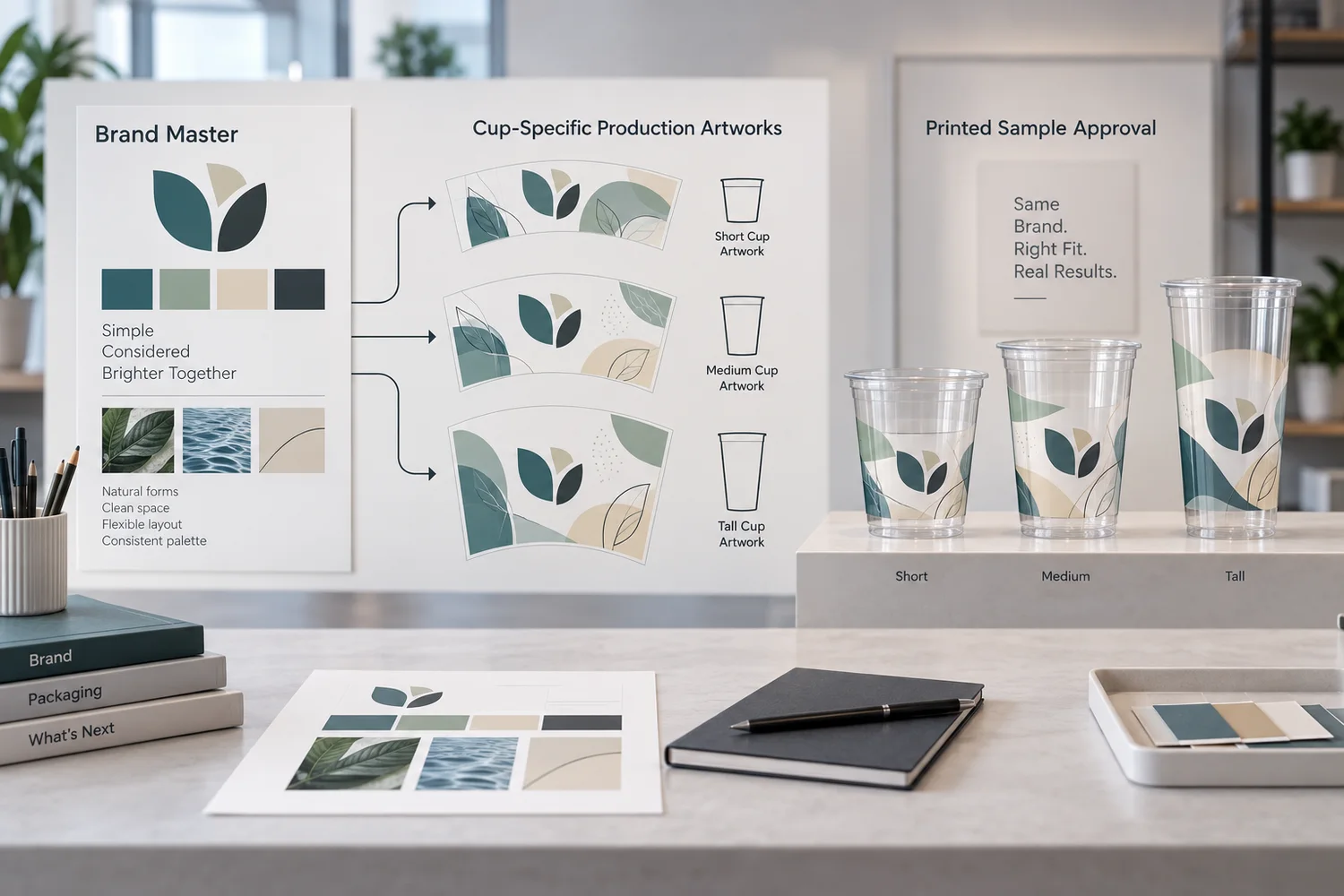 One brand master converted into separate cup-specific artwork revisions for multiple clear cup sizes and physical samples