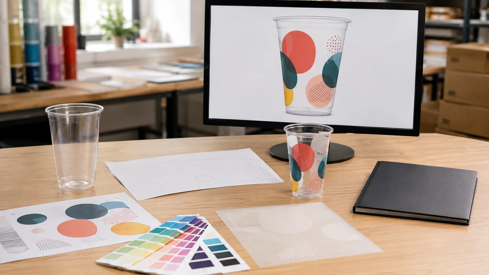 Custom cup printing prepress workflow with exact cup sample, curved artwork template, color reference, white underprint review, digital proof and printed sample