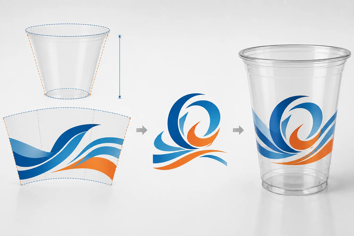 Curved cup artwork template mapped to the exact tapered PET or PLA cup SKU