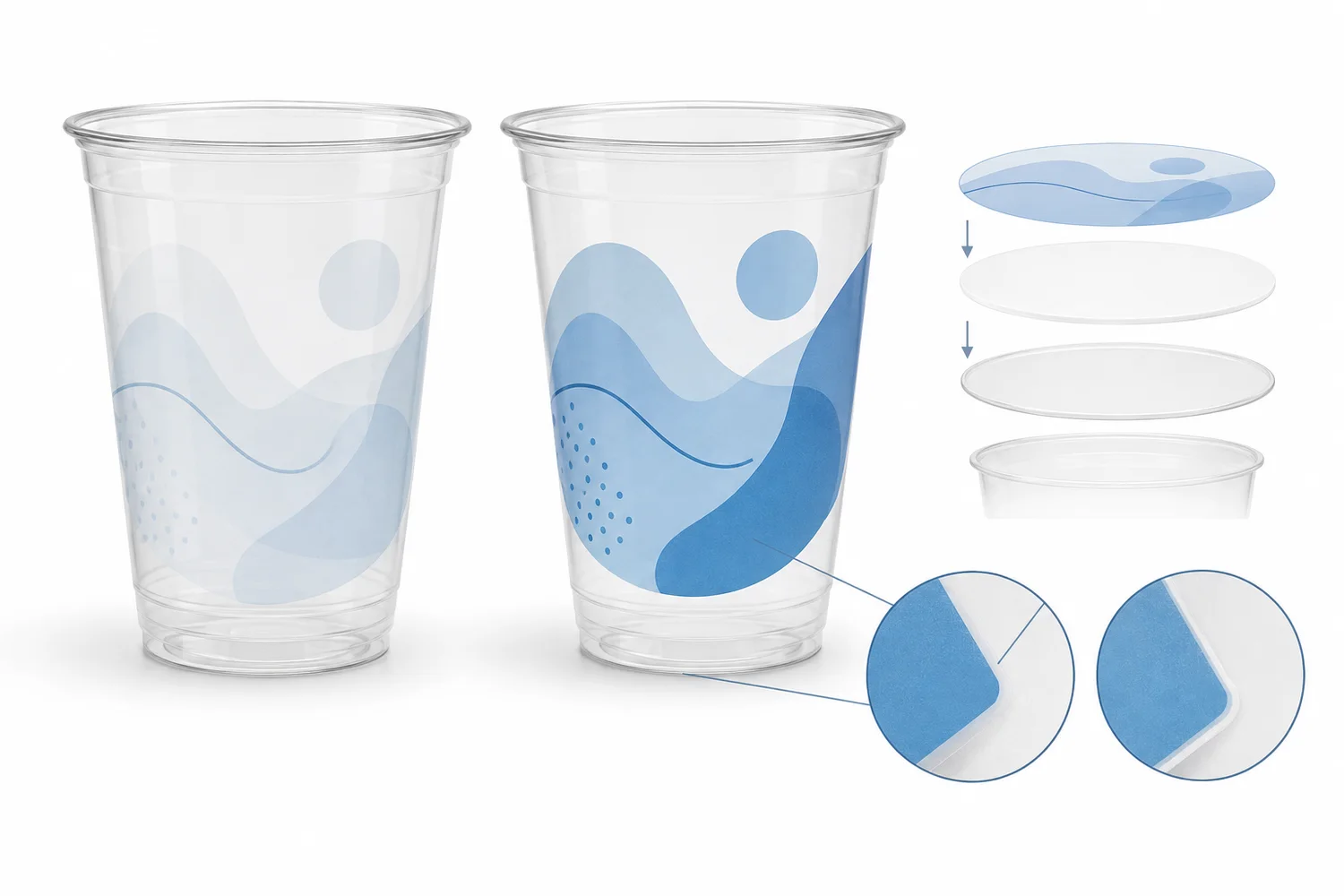 Clear PET and PLA cup artwork showing color layer, white underprint and registration edge control