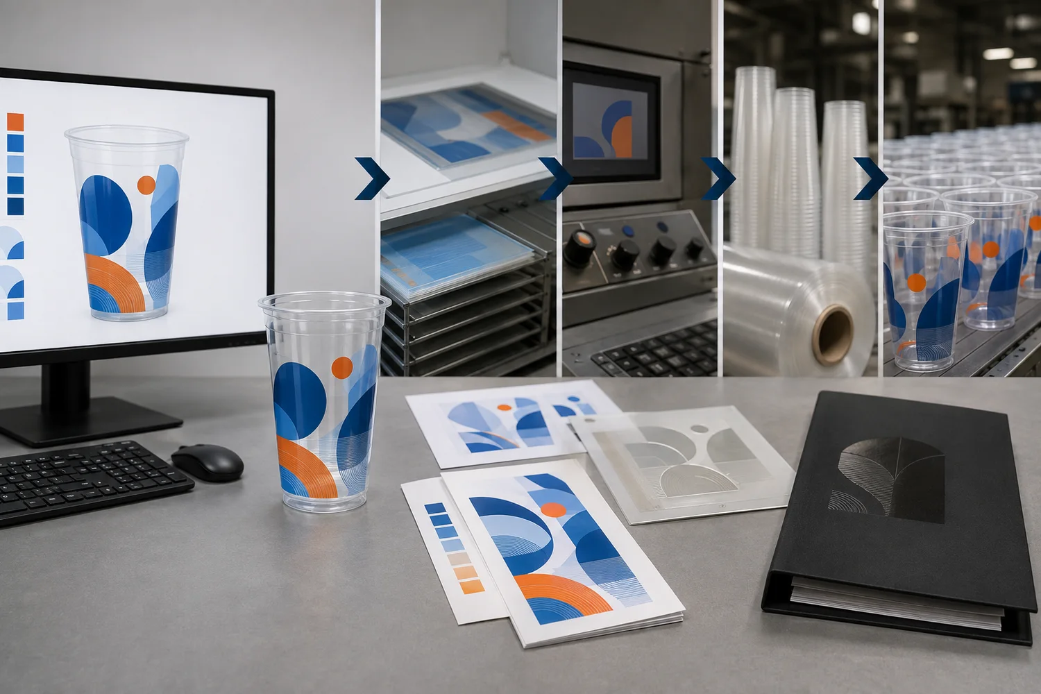 Digital proof and physical printed custom cup sample compared with prepress setup and final artwork master