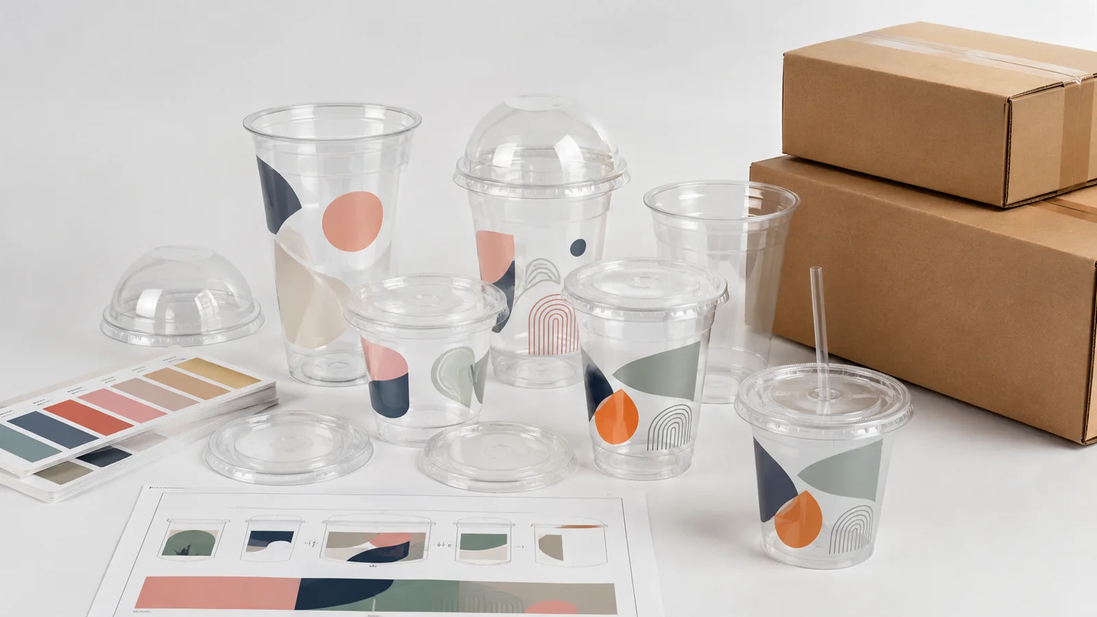 Custom printed PET and PLA cups arranged with matching lids, artwork sheets and export cartons for a B2B packaging approval program