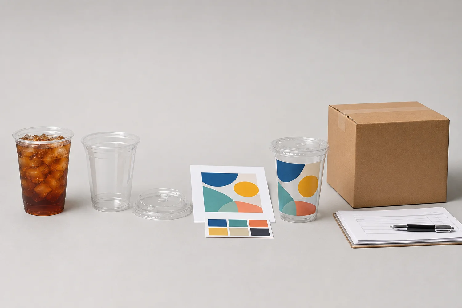 Custom printed cup buying workflow from application and cup selection through lid, artwork, printed sample and carton approval