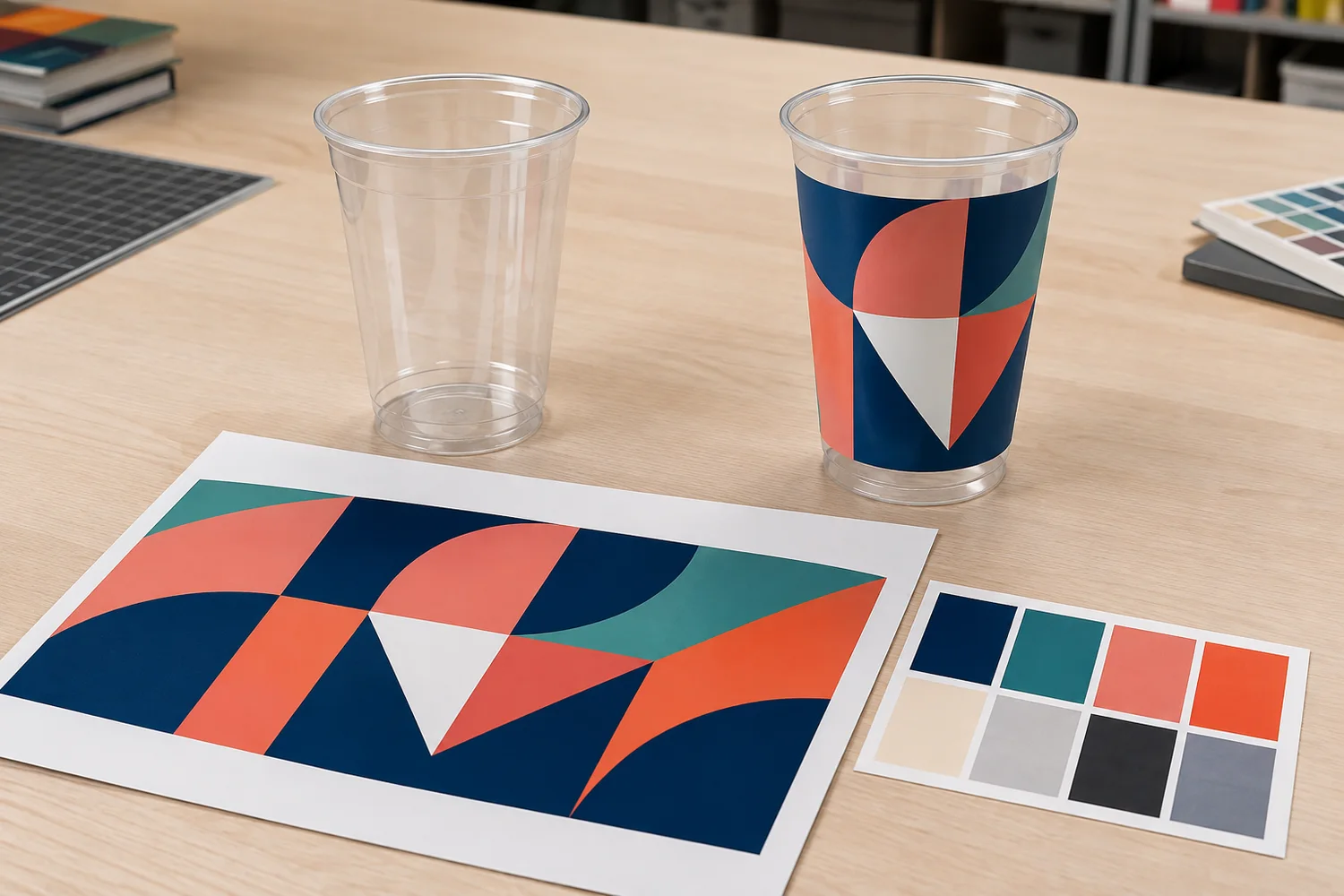 Custom cup artwork approval setup showing vector artwork, color reference and finished printed cup sample