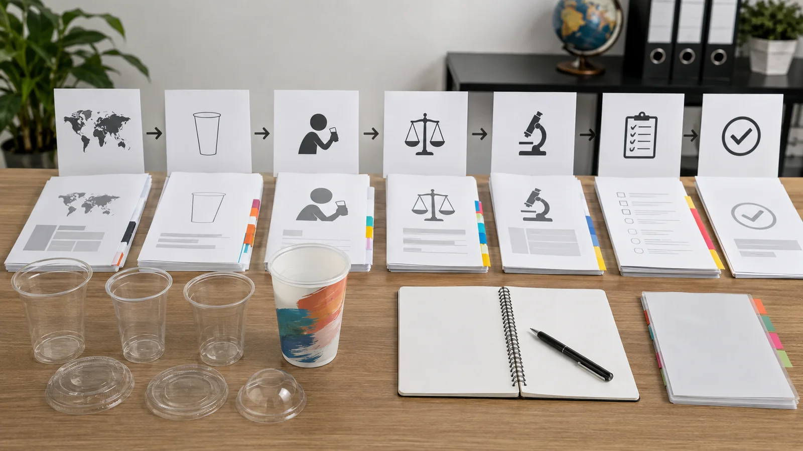 Buyer auditing food-contact compliance files for PET and PLA cups sold into U.S. and EU markets
