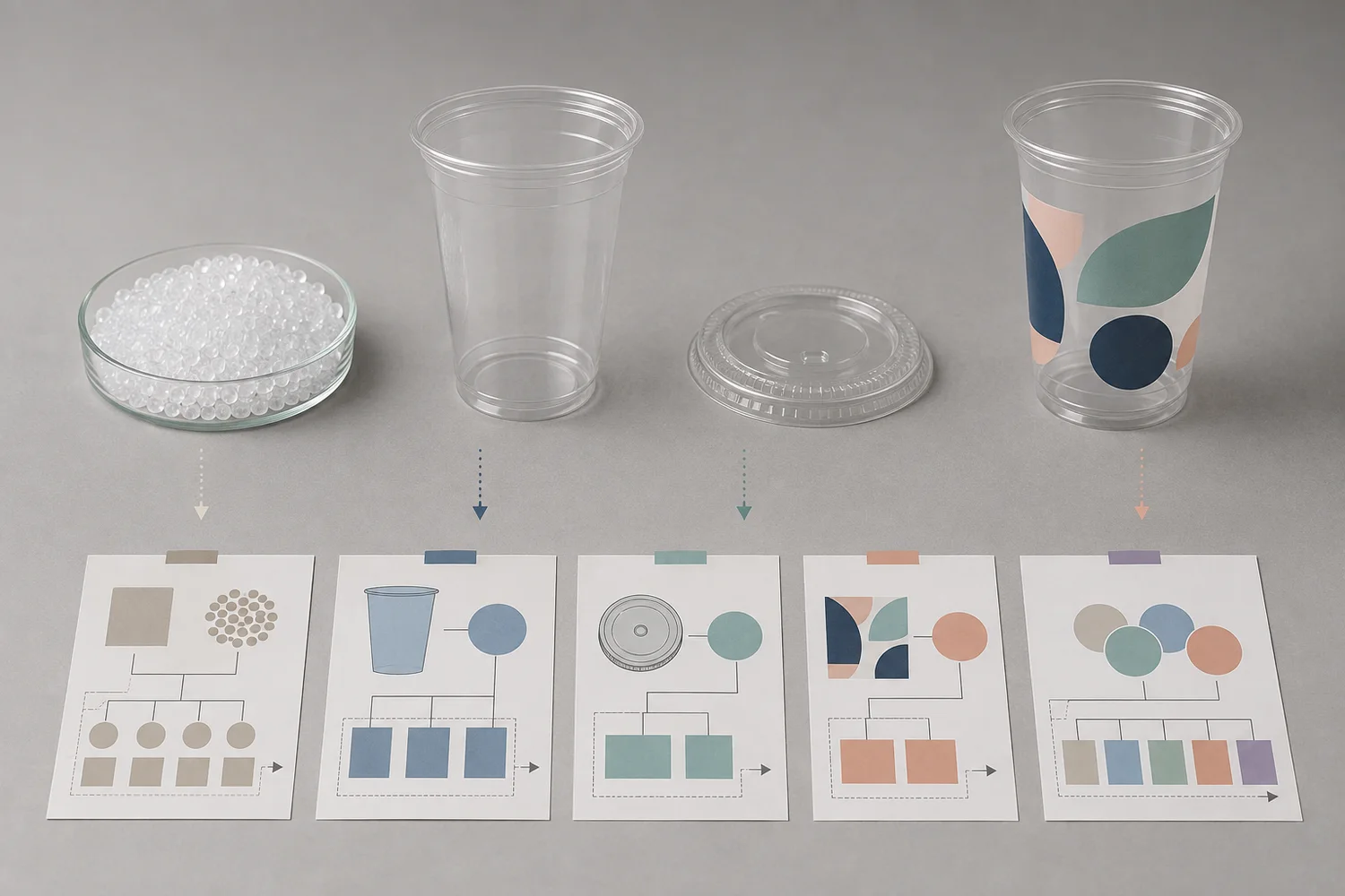 Compliance evidence mapped from plastic resin and components to finished cup, lid and printed cup configuration