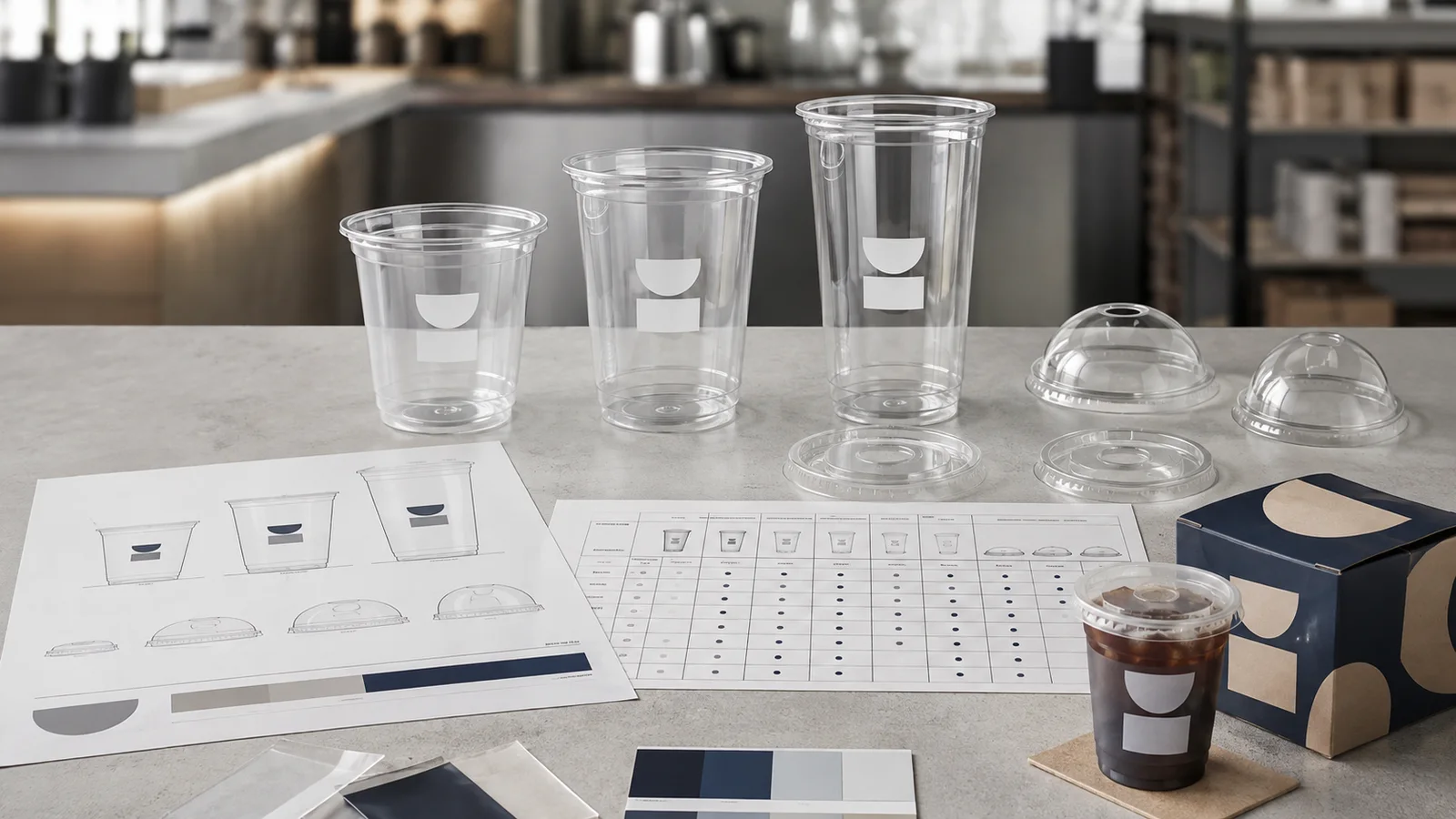 Branded cold drink shop cup system using two or three core cup sizes, shared rim families, matching lids and custom logo printing
