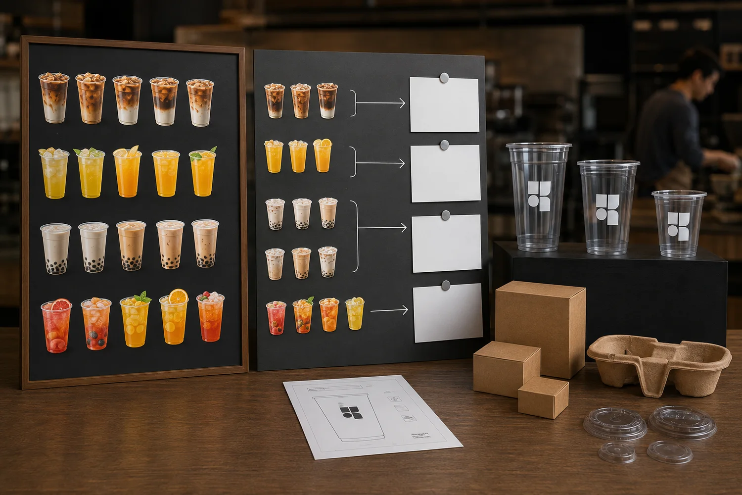 Cold drink shop menu simplified into two or three core branded cup sizes with fewer packaging SKUs