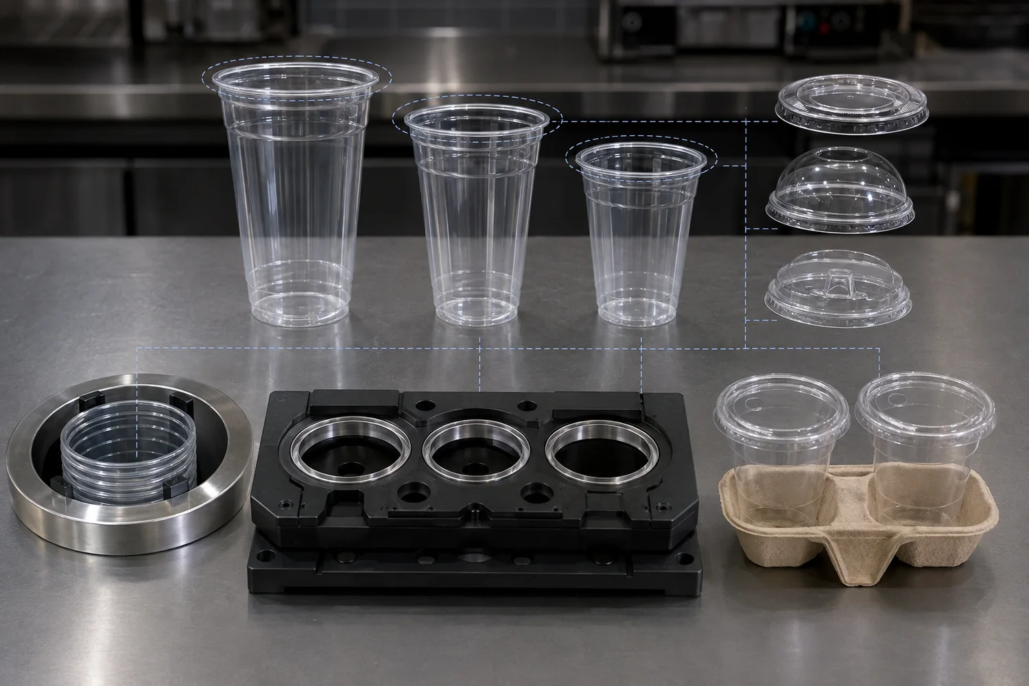 Shared rim cup family checked with matching lids, cup dispenser, sealing machine and takeaway carrier