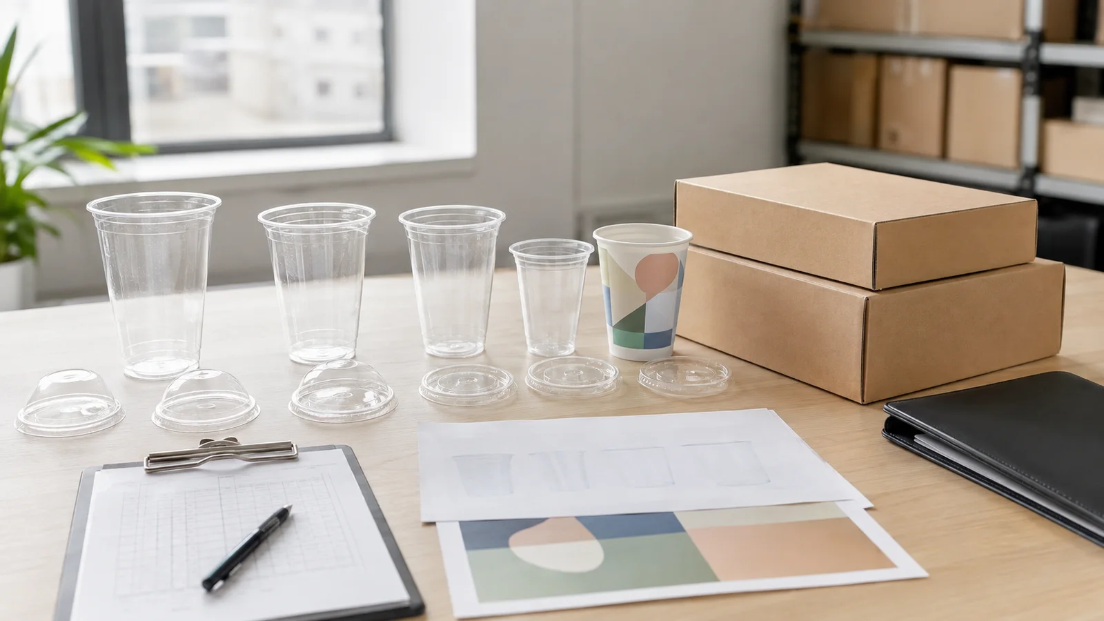 Disposable plastic cup sourcing approval desk with cups, lids, specifications, samples, QC checklist, cartons and shipping documents