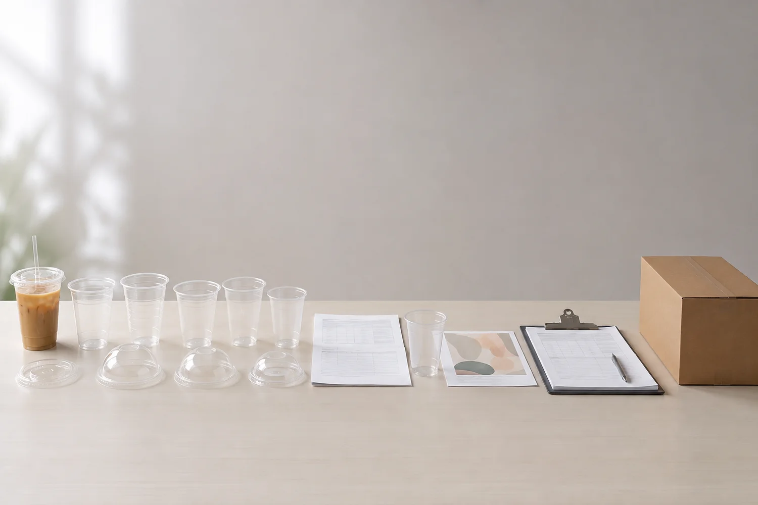 Visual sourcing workflow from application and cup selection through lid, documents, samples, QC and carton approval