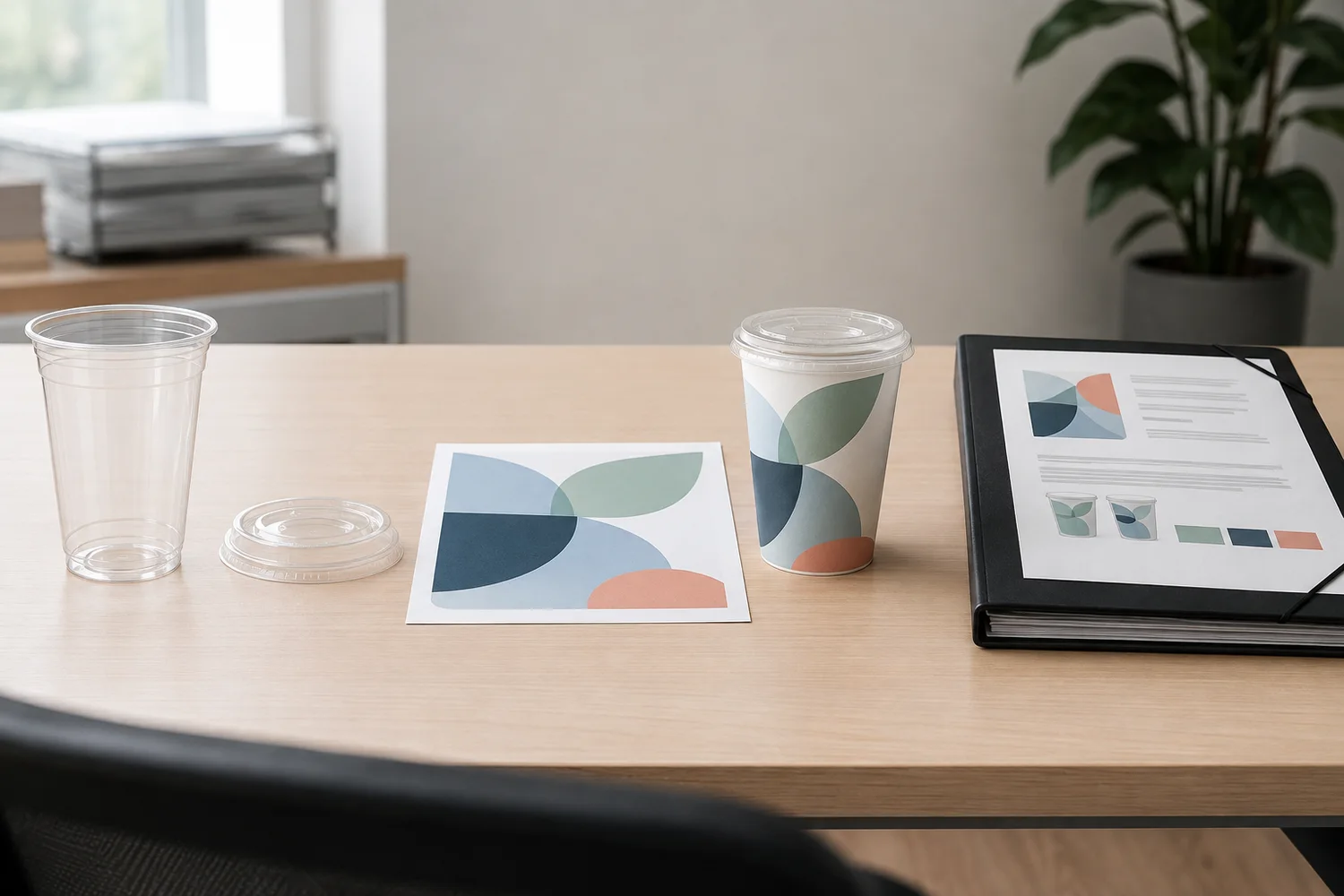 Blank cup sample, lid, artwork proof, printed sample and controlled production specification on an approval desk