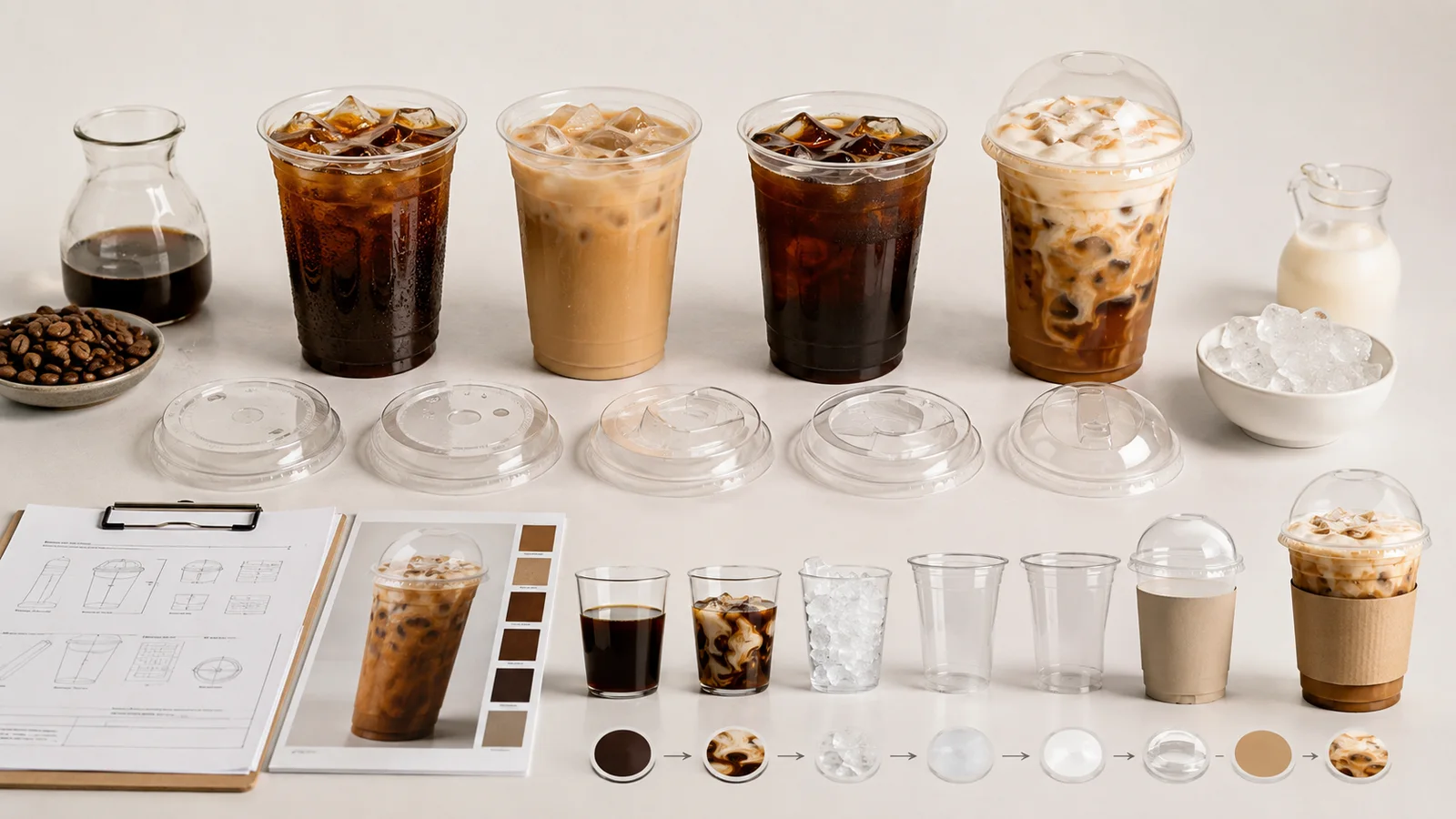 Iced coffee cup systems for Americano, latte, cold brew and cream-top drinks with different lid and branding requirements