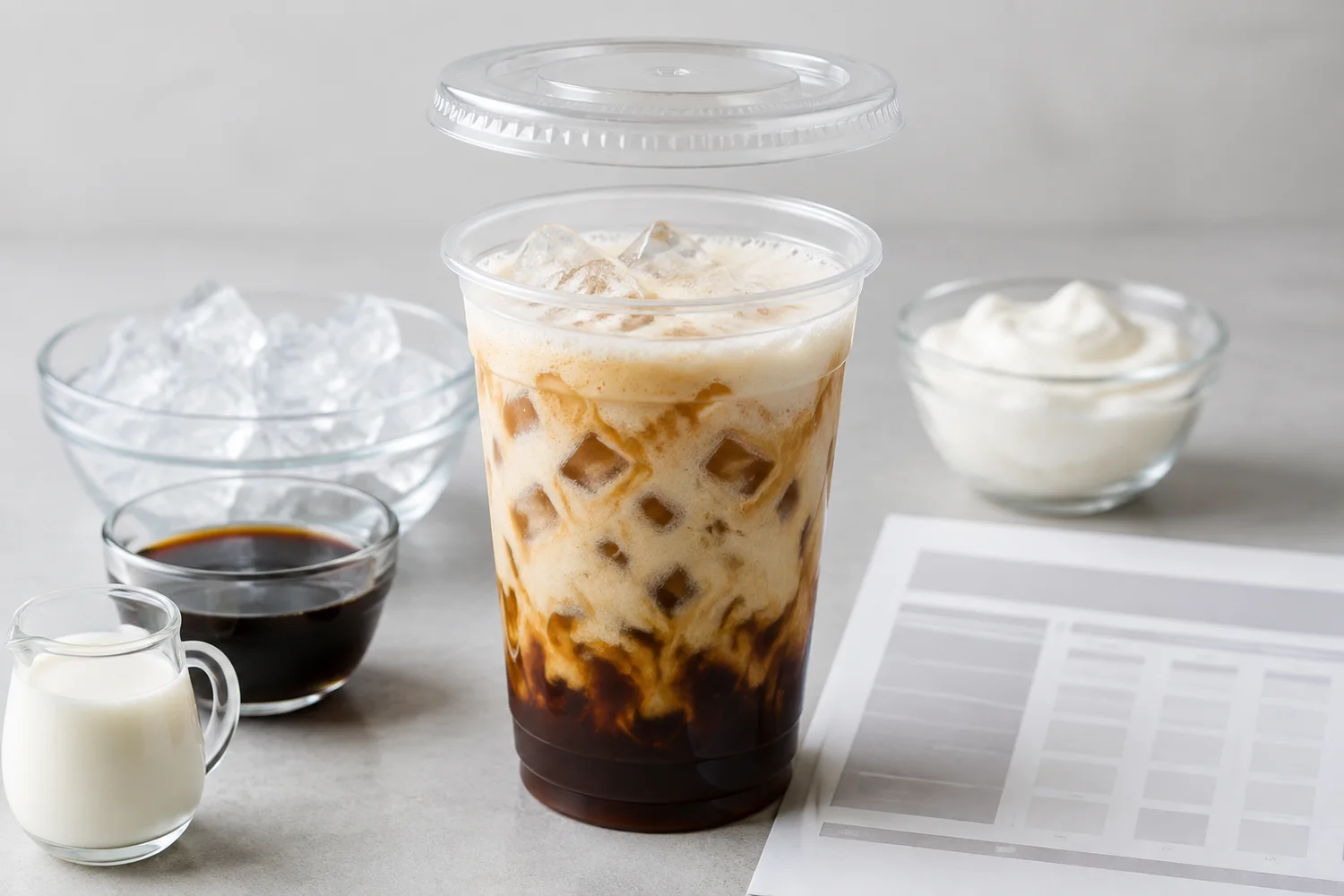 Iced coffee cup capacity built from coffee, milk, ice, foam and headspace before lid approval