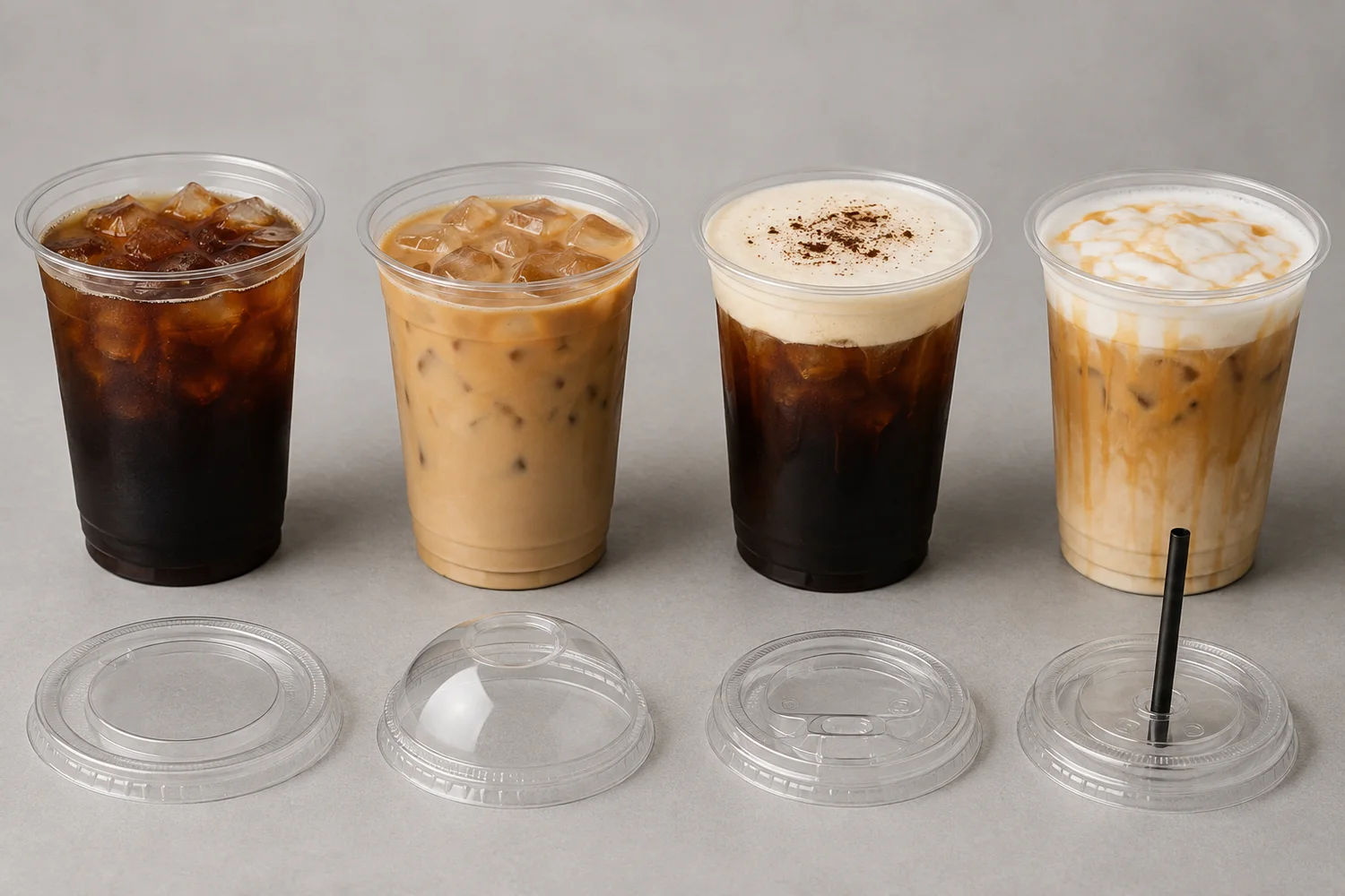 Flat lid, dome lid, sip access and straw access compared for different iced coffee serving profiles