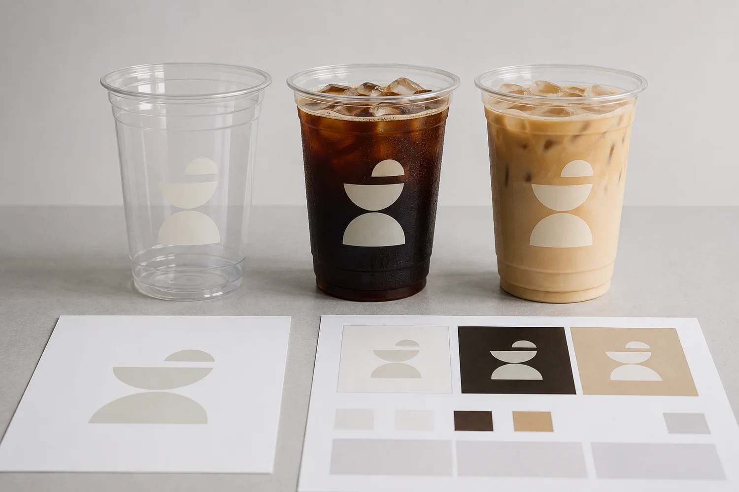 Custom printed iced coffee cup branding compared on an empty cup, black coffee and milk coffee