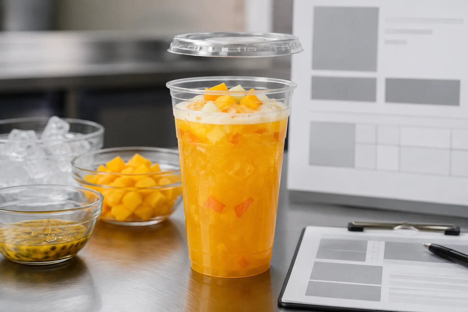 Juice cup working capacity built from liquid, ice, pulp, fruit pieces and headspace before closure approval