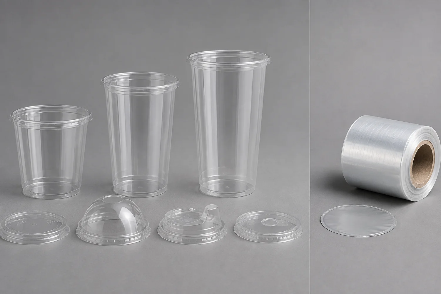 Shared-rim juice cup family with flat lid, dome lid, sip and straw access plus sealing-film option for delivery