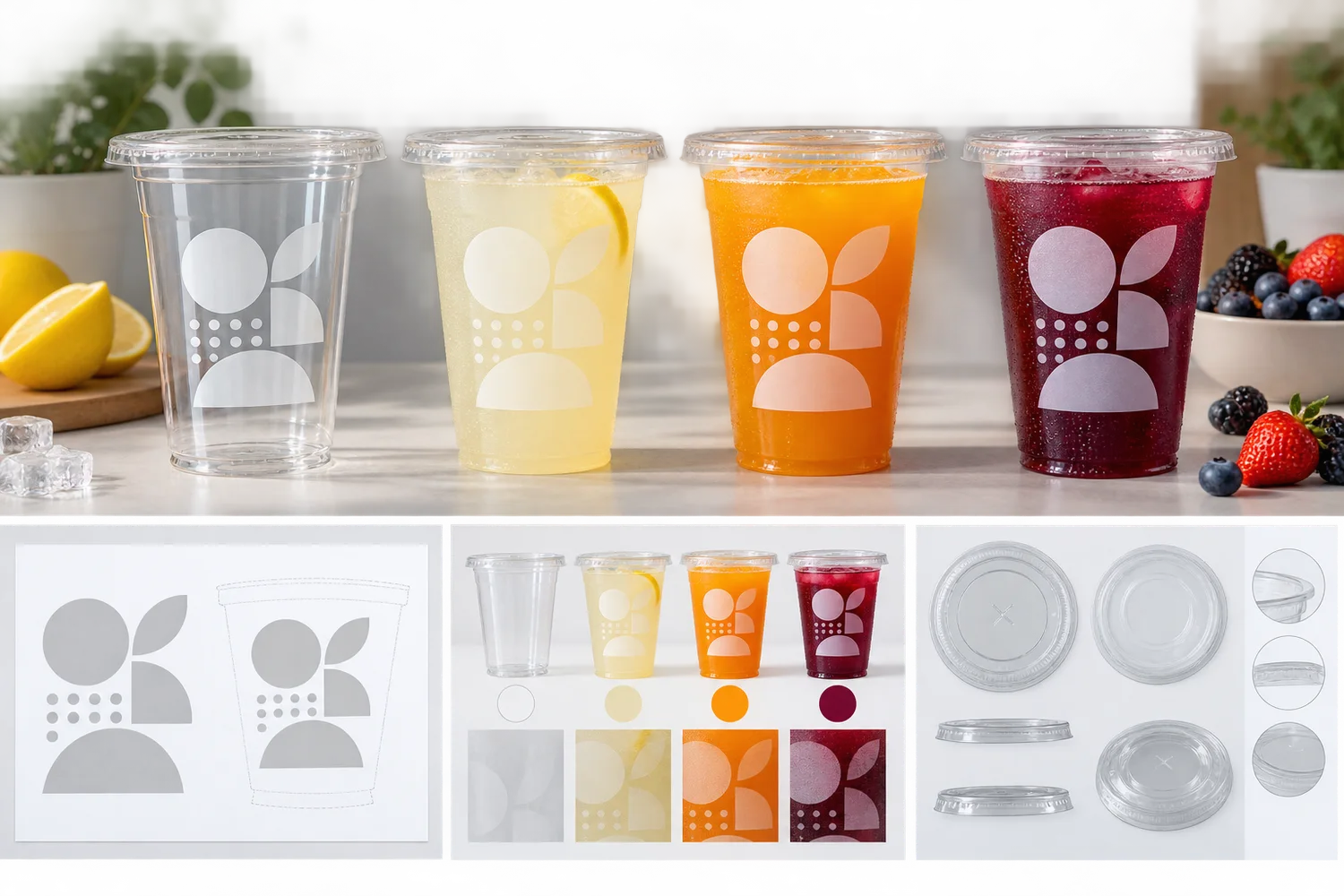 Printed clear juice cup branding compared on empty cup, pale citrus juice, orange juice and dark berry juice