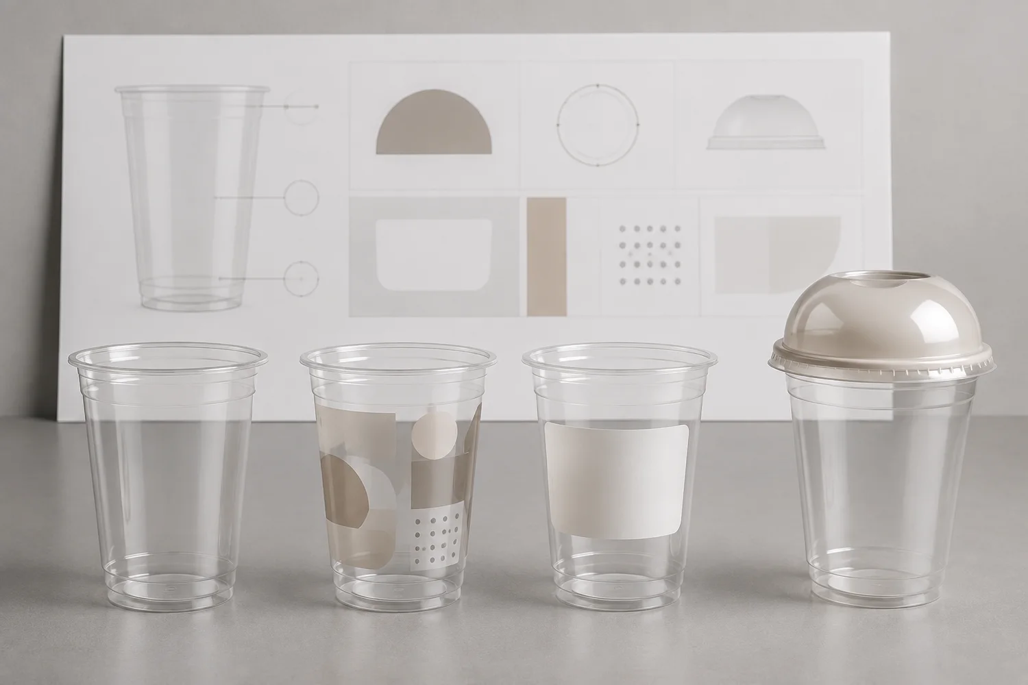 Finished PET cup design review comparing clear plain cup, direct printed cup, labeled cup and cup with lid