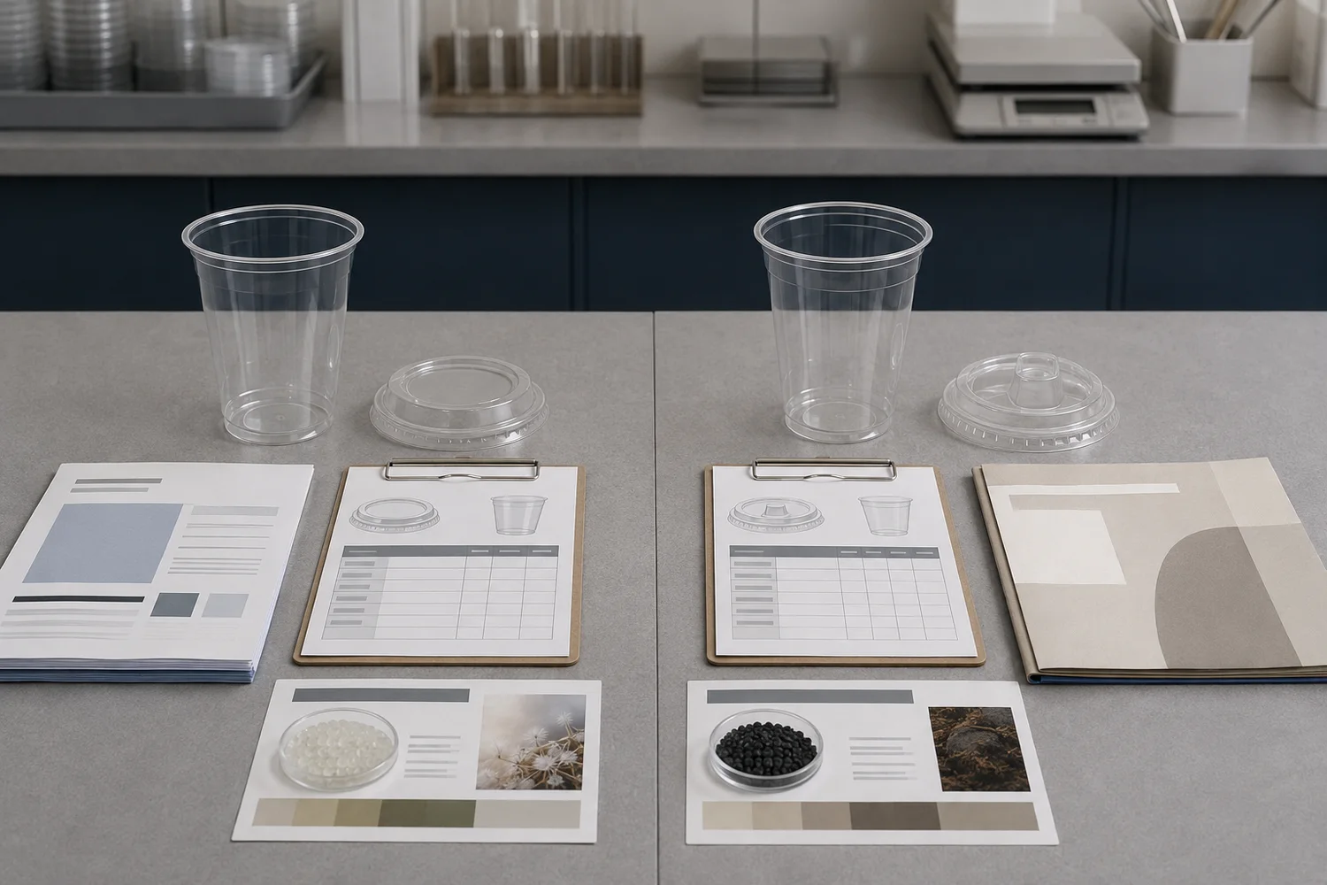PET and PLA clear cold cups with different procurement documents and end-of-life review files
