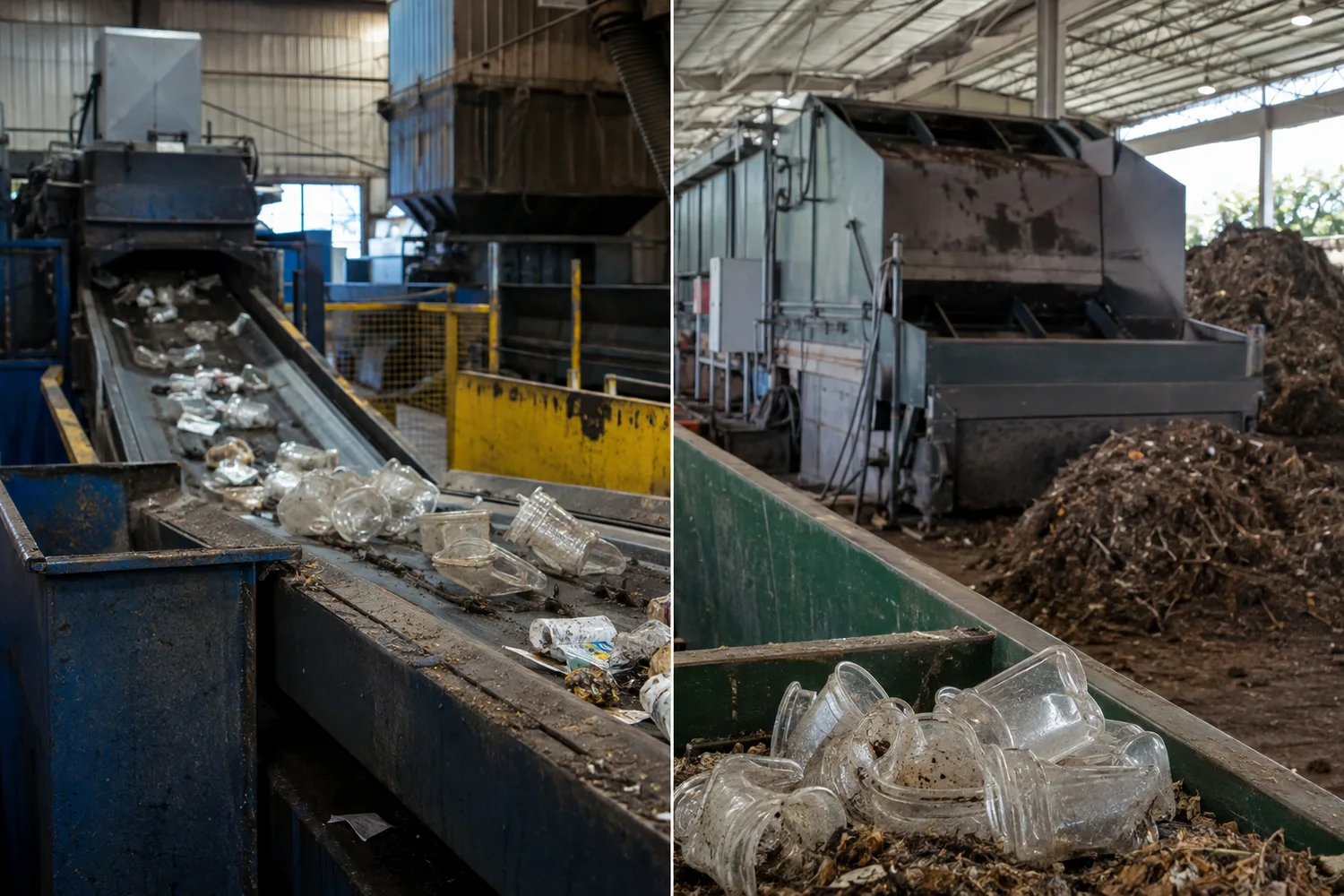 PET recycling pathway and PLA industrial composting pathway shown as conditional systems requiring collection and processing