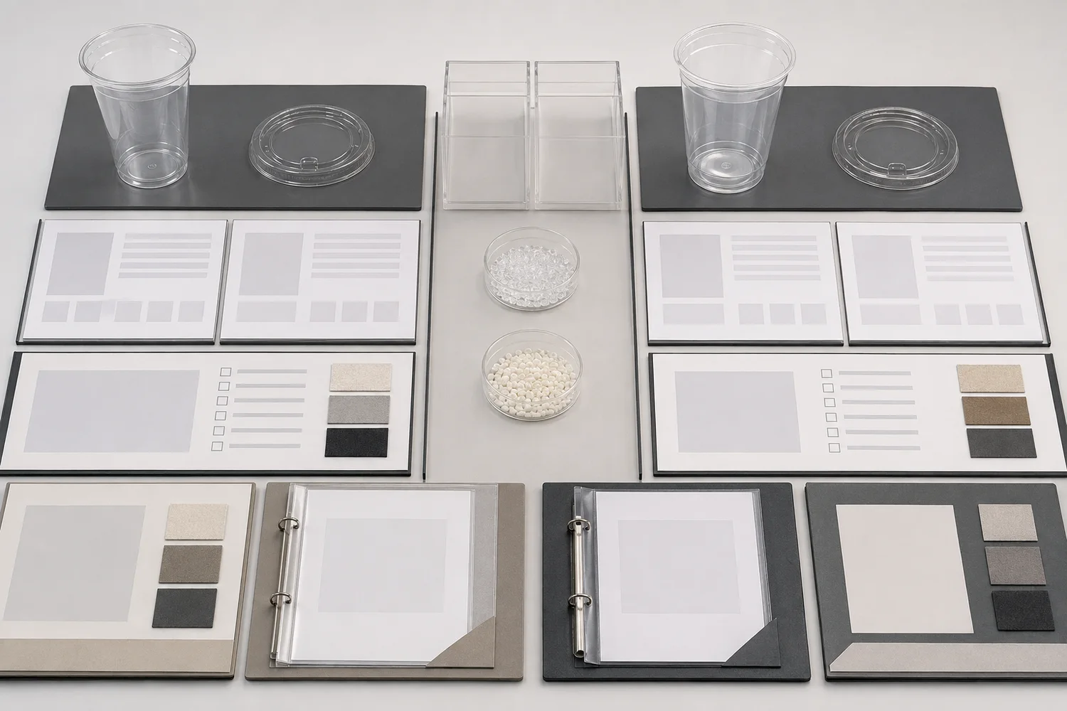 Buyer decision desk comparing PET and PLA cups, lids, specifications, claim evidence and end-of-life checklist