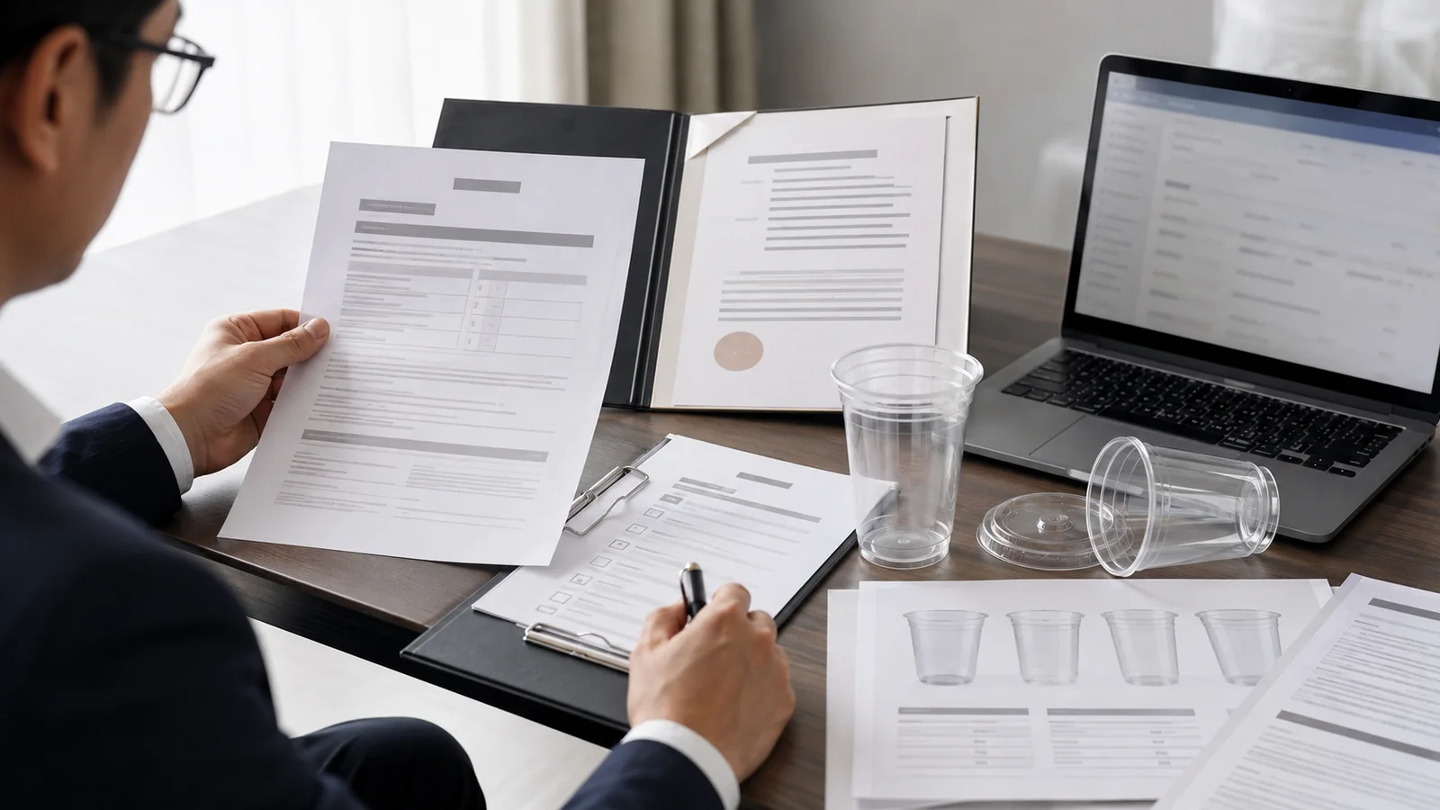 B2B buyer reviewing PLA cup certification documents, product scope and cup samples before order approval