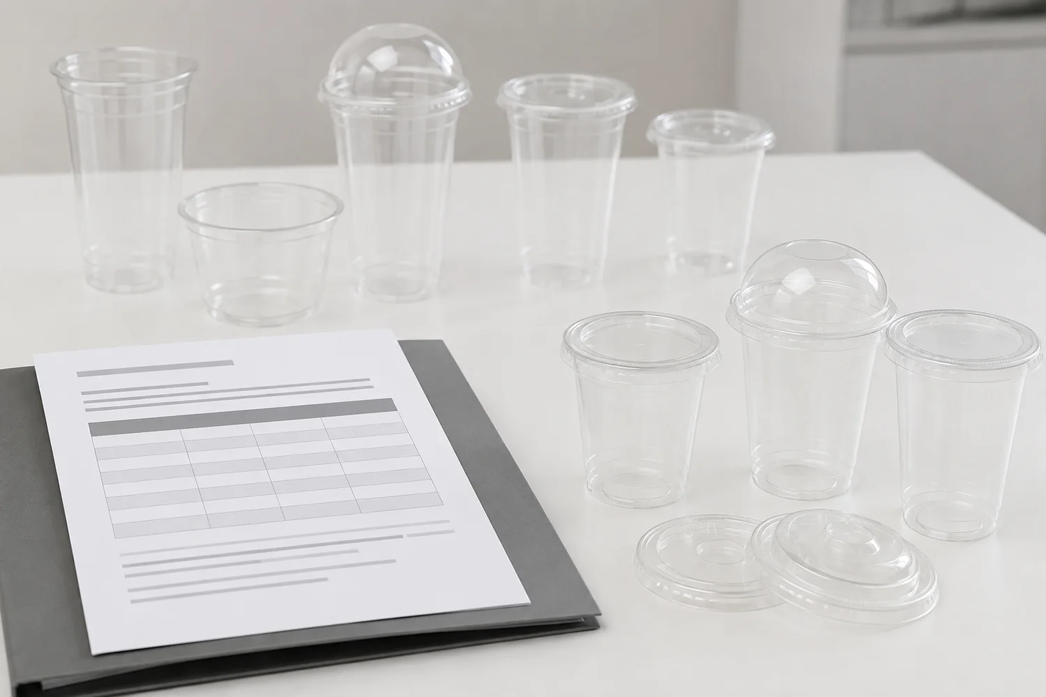 Buyer comparing a certificate scope sheet with several different PLA cup SKUs and lid formats
