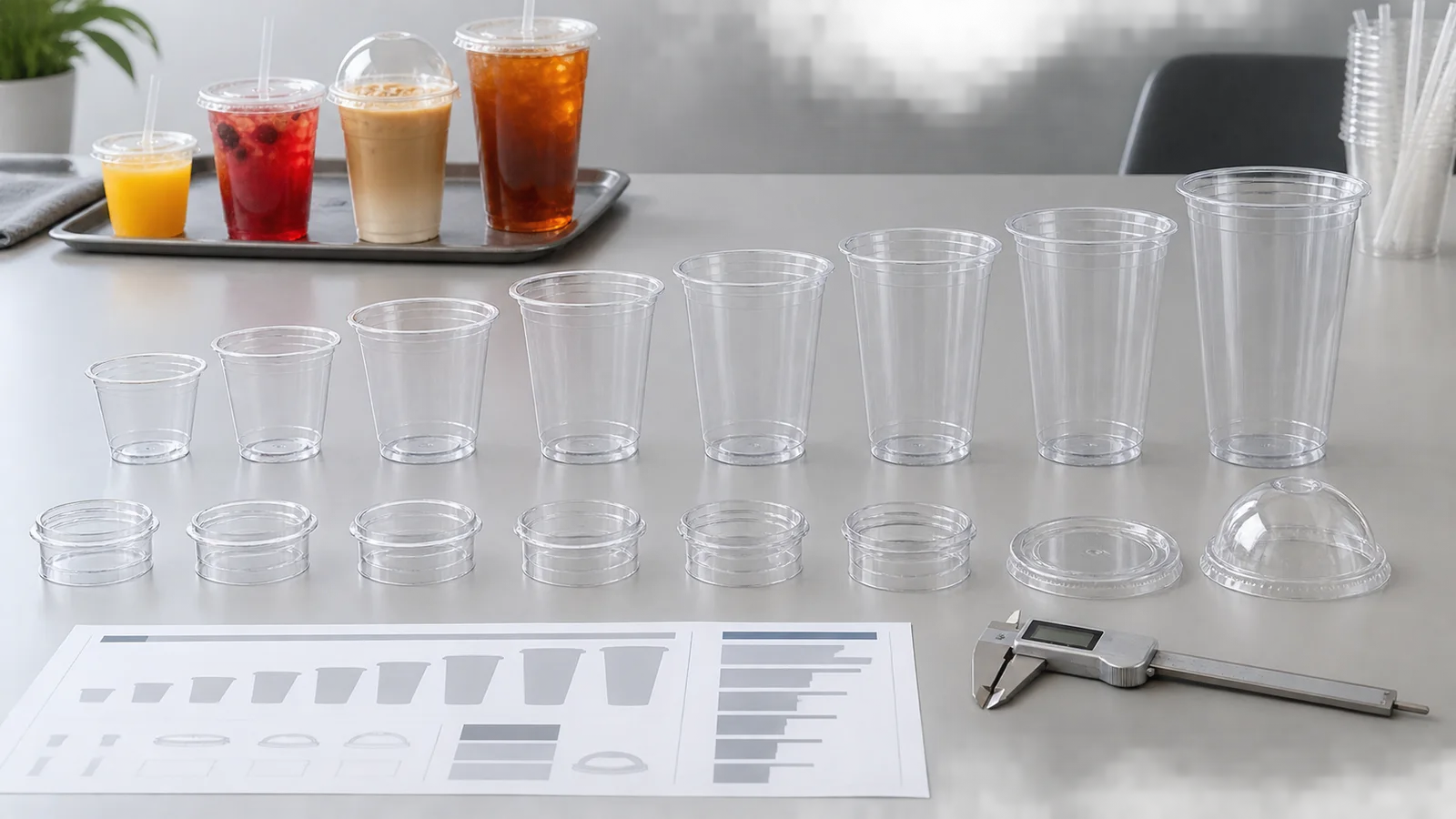 PLA cold cup size range from 7 oz to 32 oz with metric capacity references, rim measurements and matching lids for B2B buyers