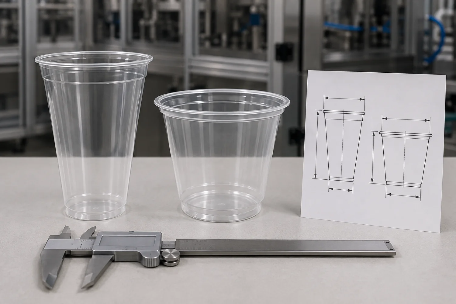 Two PLA cups in the same commercial capacity class with different height, taper, bottom diameter and rim geometry