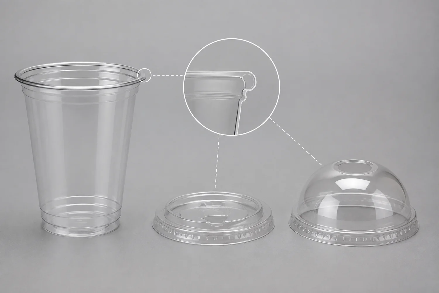 PLA cup rim and matching flat and dome lids shown as an exact compatibility system