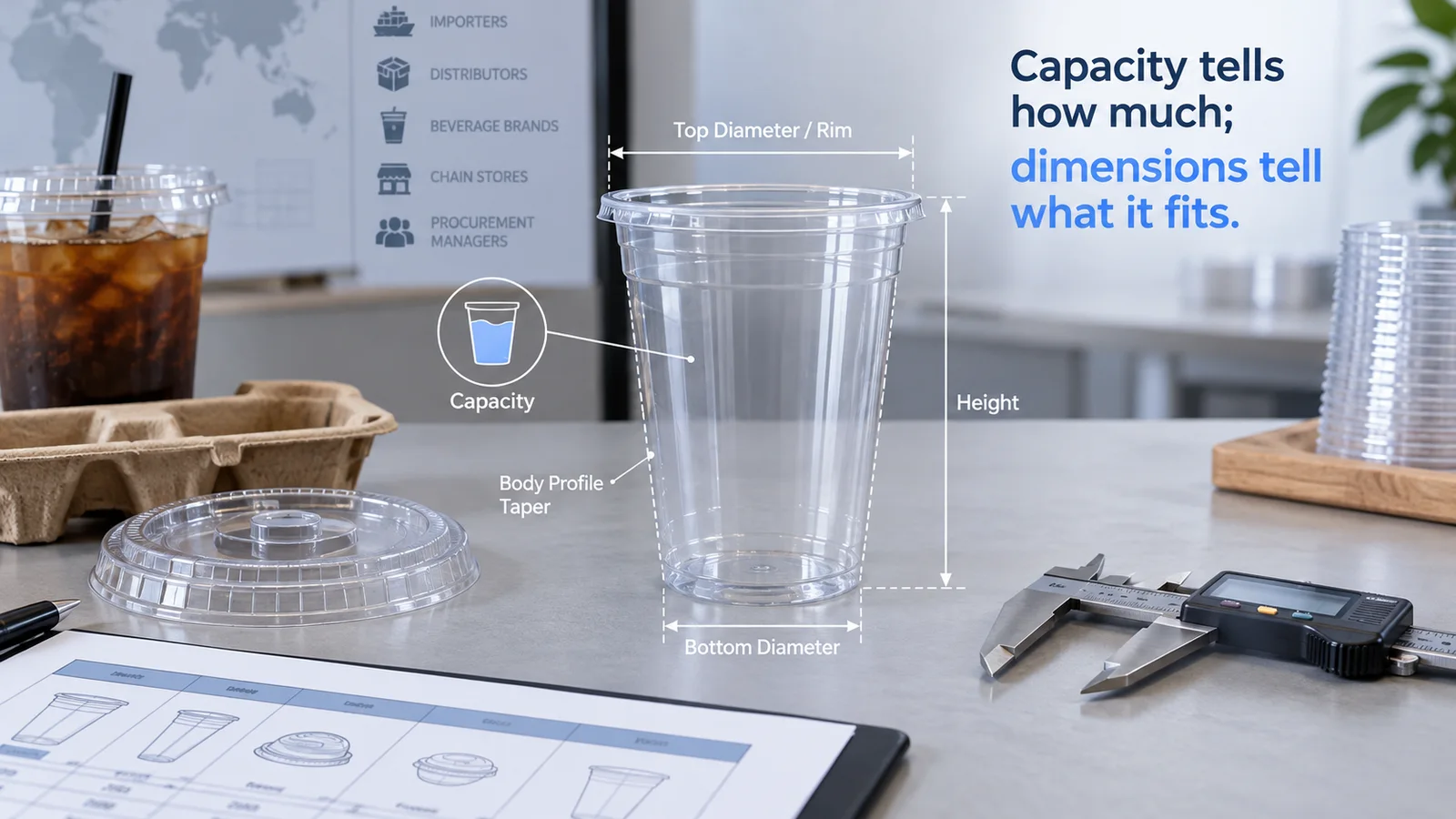 Plastic cup specification anatomy showing capacity, top diameter, bottom diameter, height, rim and cup profile for B2B buyers
