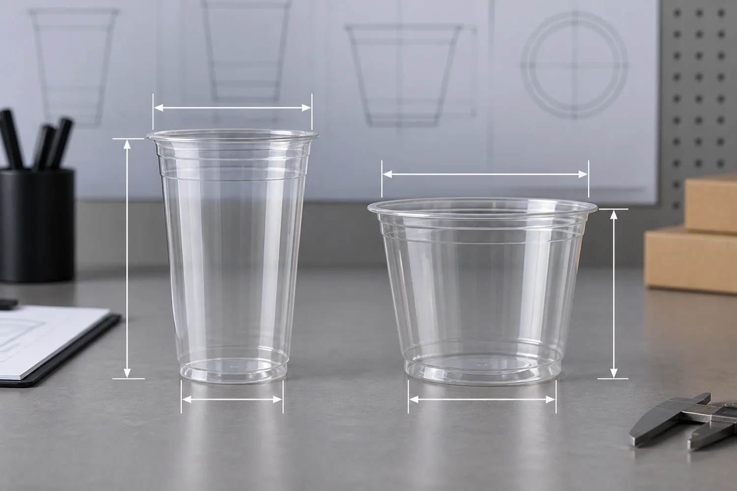 Two plastic cups with similar nominal capacity but different height, width and body profile