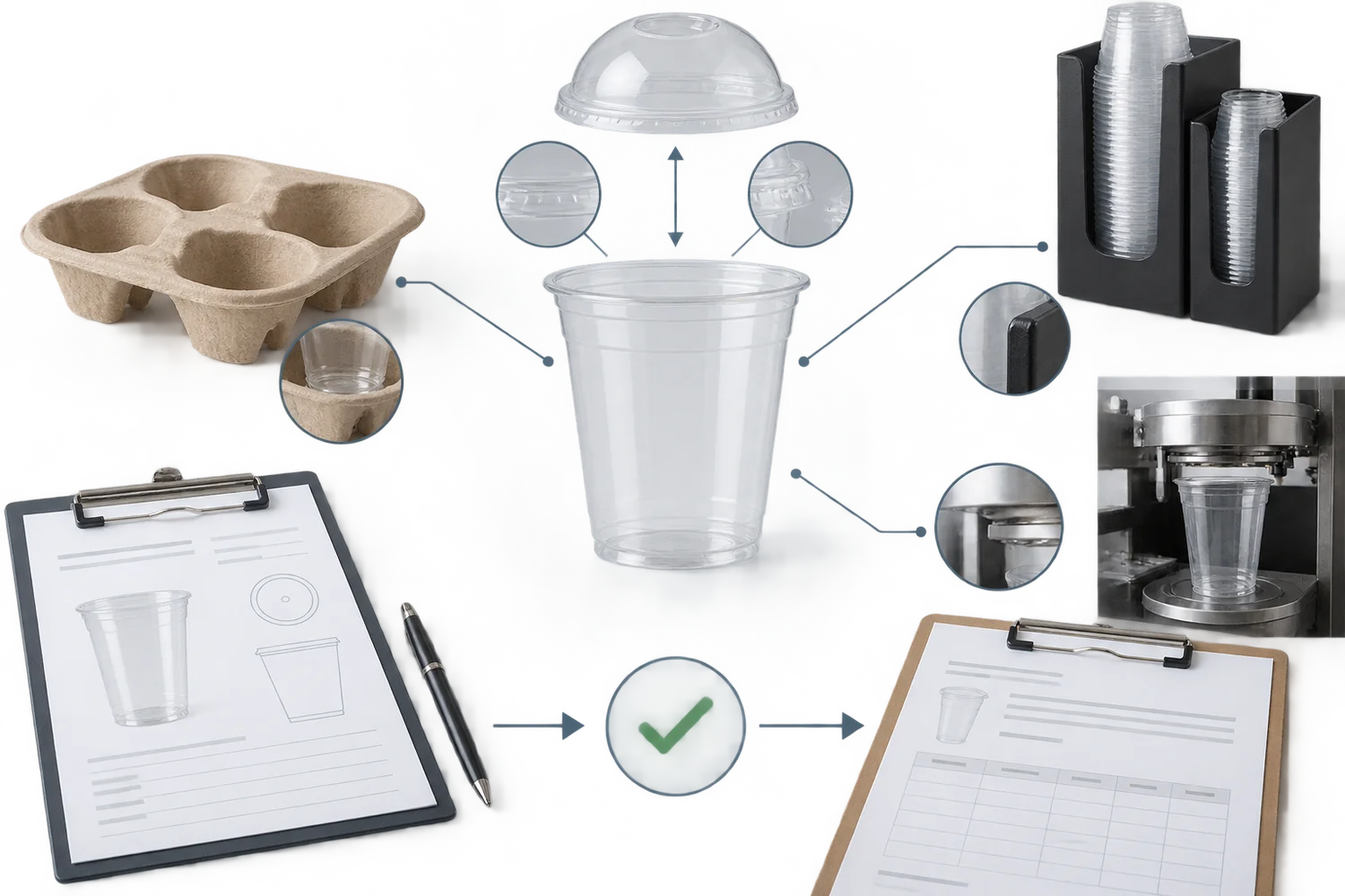 Plastic cup specification approval connecting one exact cup to lid, carrier, dispenser, sealing equipment and purchase specification