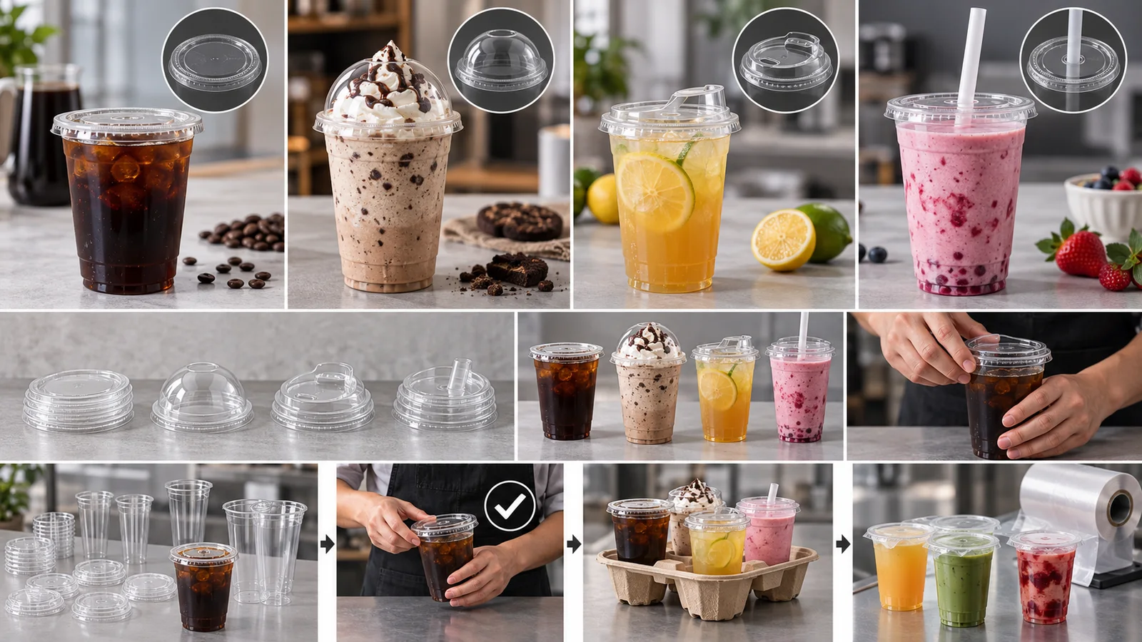 Flat dome sip and straw-opening plastic cup lids selected by drinking method, top clearance, rim family and physical fit