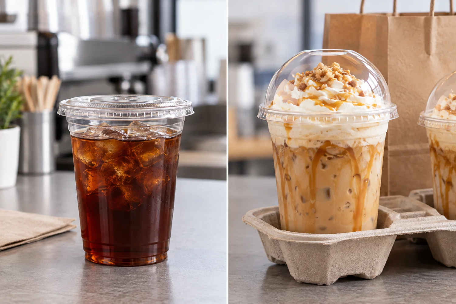 Flat lid and dome lid compared by beverage contents, top clearance and finished takeaway height