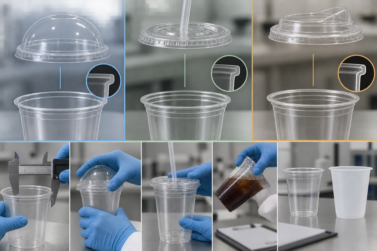 Different plastic cup rim families connected only to their verified cup and lid combinations