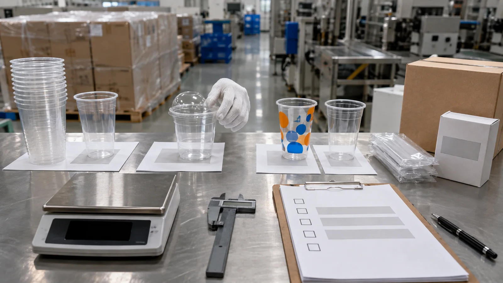 Plastic cup quality control inspection with clear cups, printed cups, digital scale, caliper, matching lids, approved specification and shipping carton