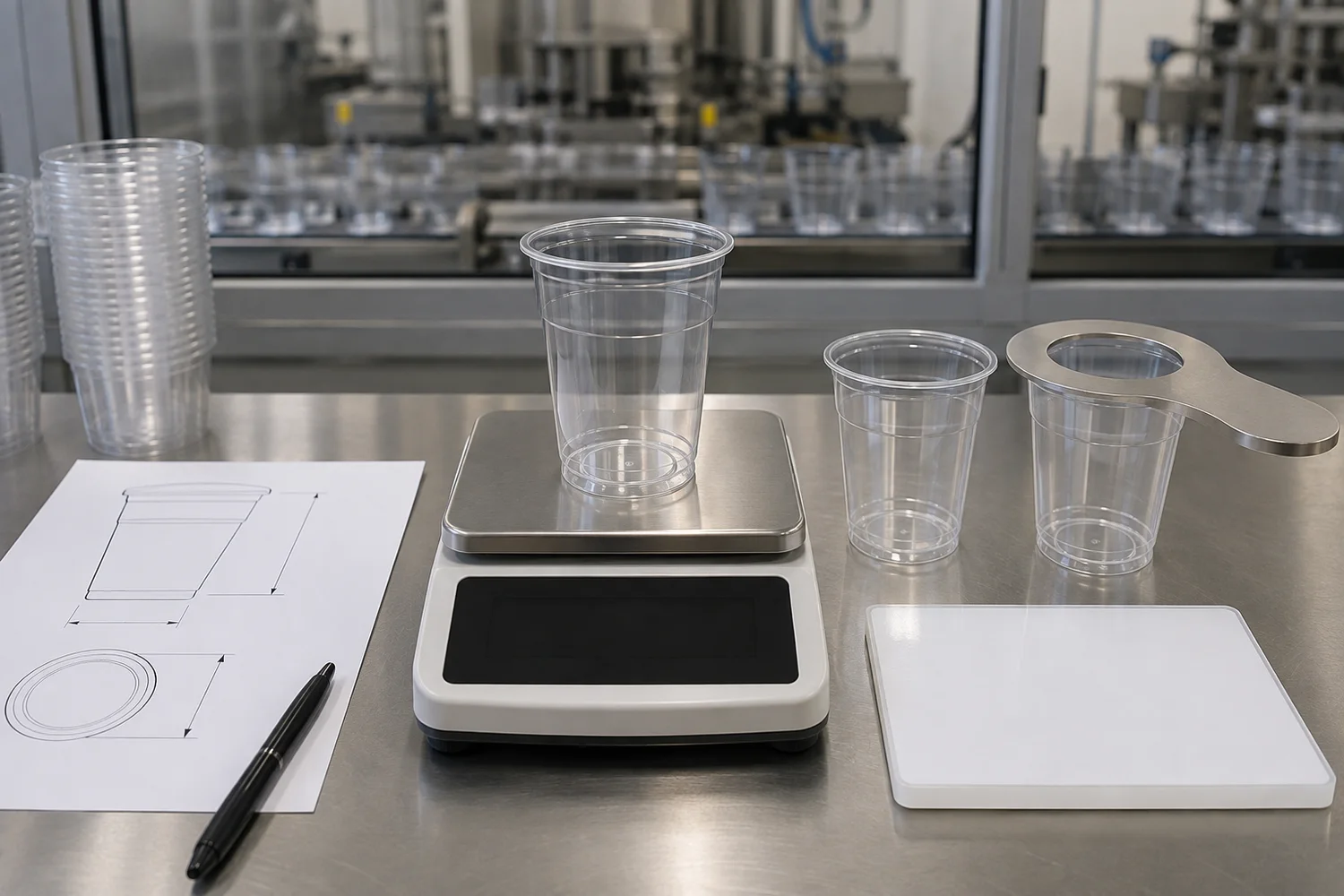 Plastic cup QC inspection measuring unit weight, height, top diameter and optical appearance against an approved sample