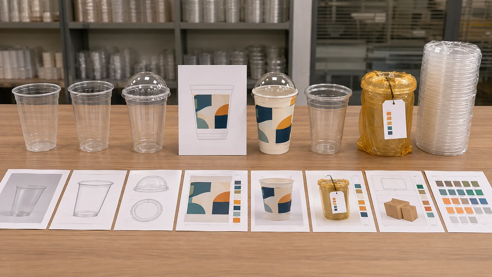Plastic cup sample approval workflow with plain cup, exact lid, printed sample, production reference and golden sample