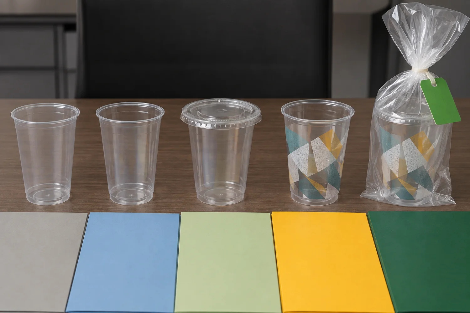 Plastic cup sample stages from stock reference through exact SKU, cup and lid, printed sample and golden sample