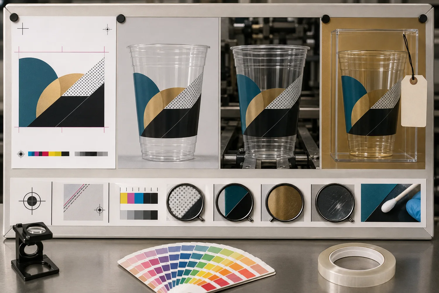 Digital proof, physical printed cup, first production sample and golden sample compared during printed cup approval